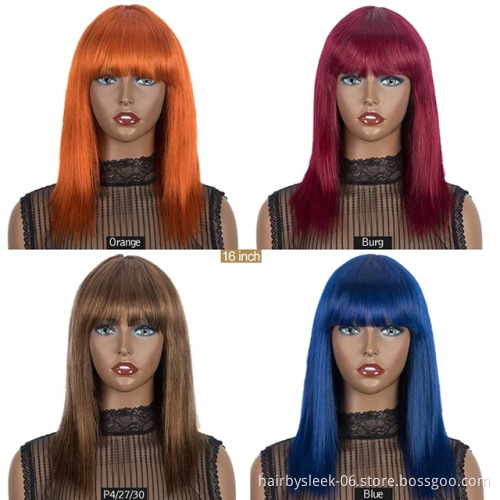 Blonde Pink Orange Blue Color Wig Long silk Straight Bob Wig With Bang Remy Human Hair whole virgin Human Hair Wig for women